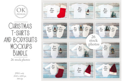 Christmas t-shirts and bodysuits mockups Bundle on a wooden background