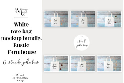 White tote bag mockup bundle on wooden background. Rustic Farmhouse.