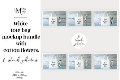 White tote bag Mockup Bundle with cotton flowers. Rustic style bag.
