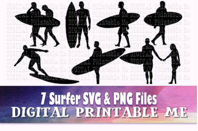 Surfing Man svg, Surfer silhouette bundle PNG clip art, 7 images, vect