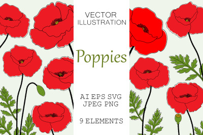 Poppies flowers. Poppies SVG. Poppy vector. Provence flowers