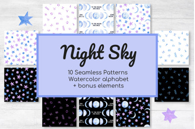 Night Sky Celestial Seamless Digital Papers, Clipart and Alphabet