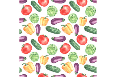 Vegetables watercolor seamless pattern. Pepper, tomato, eggplant