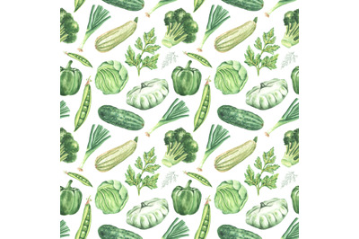 Green vegetables watercolor seamless pattern. Squash, peas, broccoli