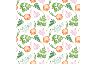 Spices watercolor seamless pattern. Onions, garlic, parsley, dill.