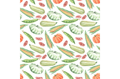 Harvest vegetables watercolor seamless pattern. Autumn harvest