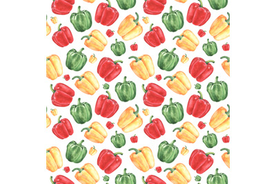 Peppers watercolor seamless pattern. Red, yellow, green peppers