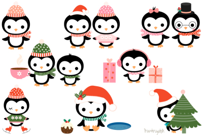 Christmas penguins clipart set, Cute penguin clip art collection, Winter clipart, Kawaii penguin