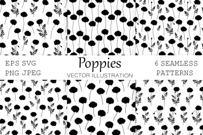 Poppies silhouettes pattern. Flowers silhouettes pattern