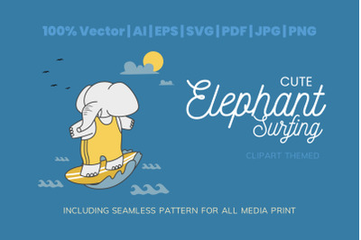 Cute Elephant Surfing Illustration Themed Plus Pattern