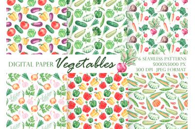 Vegetables watercolor digital paper. Seamless patterns. Harvest