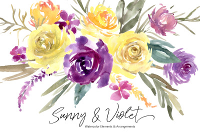 Watercolor Violet and Yellow Flowers