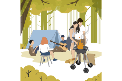 Outdoor recreation, people grill bbq, camping in forest