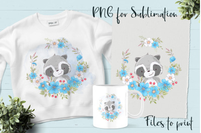 Cute raccoon sublimation. Design for printing.