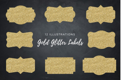 Gold Labels, 12 Gold Glitter Frames