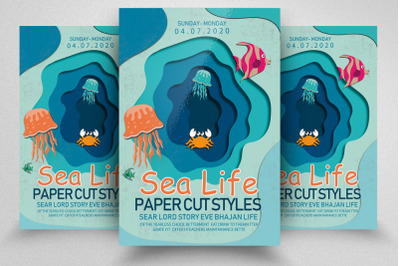 Sea Life Paper Cut Style Poster