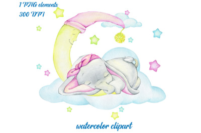 Cute elephant, sleeping. Watercolour clipart. A tropical animal. Print