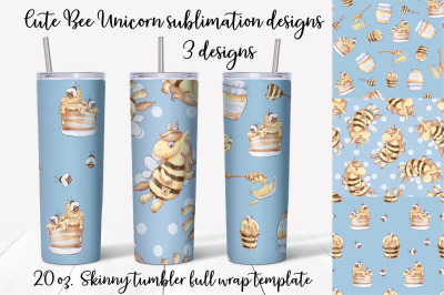 Cute Bee Unicorn sublimation design Skinny tumbler wrap design