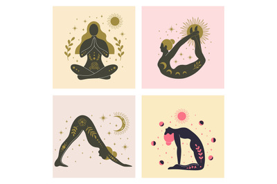 Yoga girls various asanas, women with sun, moon and floral abstract el