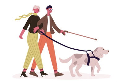 Blind couple with guide dog. Disabled man and woman walking with guide