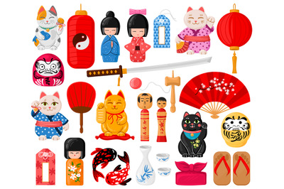 Cartoon japanese symbols. Oriental traditional toys, maneki neko, omam