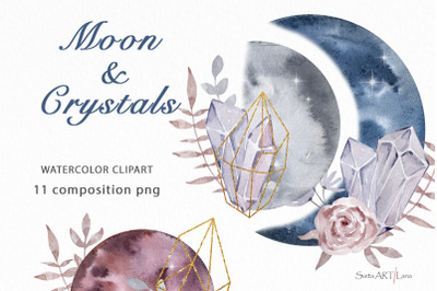 Watercolor Crystal Moons Clipart
