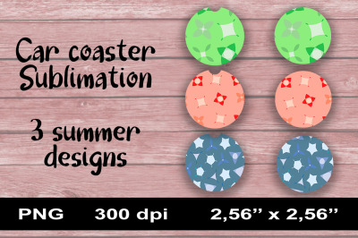 3 Car Coaster Sublimation PNG Designs. Summer Abstract Flowers.