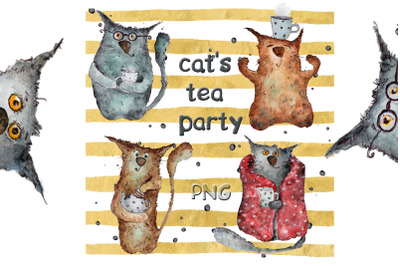 Tea party with cute cats clip art watercolor