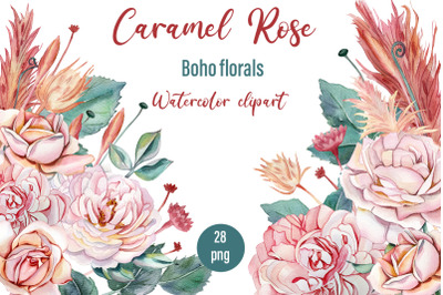 Watercolor clipart delicate pink roses and dried flowers