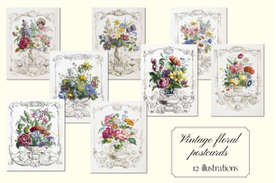 Vintage Floral Postcards, Digital Floral Postcards for Scrapbooking