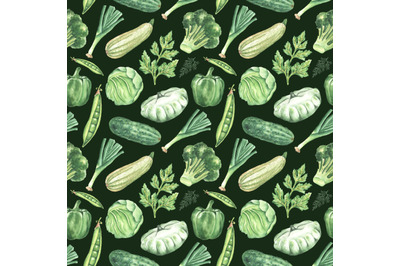 Green vegetables watercolor seamless pattern. Harvest vegetables. Fall
