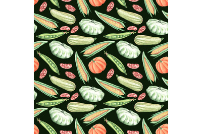 Harvest vegetables watercolor seamless pattern. Farming. Fall.