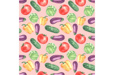 Vegetables watercolor seamless pattern. Pepper, tomato, cucumber