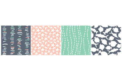 Set of cute abstract pastel sea ocean seamless patterns