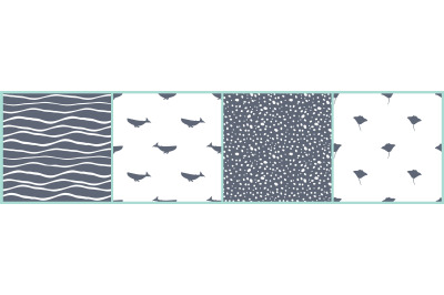 Set of 4 seamless patterns. Whales, rays, waves and bubbles