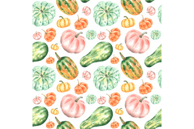 Pumpkin, zucchini watercolor seamless pattern. Fall. Harvest.