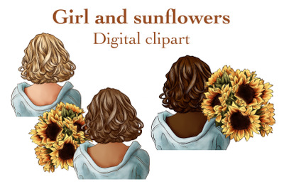 Girl and Sunflowers Clipart