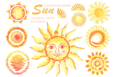 Sun watercolor clipart. Golden sun clipart. Sun symbol. Yellow, orange
