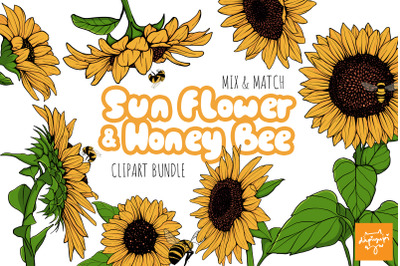 Sunflower and Bee Clipart Bundle