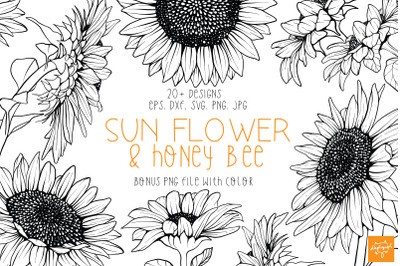 Sun Flower and Honey Bee Clipart Bundle