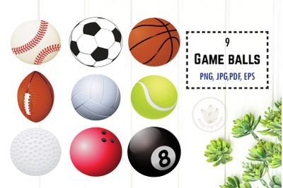 Game balls clip art, Baseball, Soccer, Basketball, Football, Volleybal