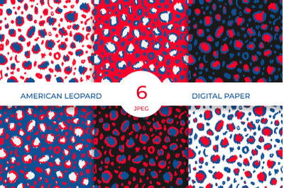 American leopard digital paper. Red white blue animal seamless pattern