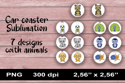 7 Car Coaster Sublimation PNG Designs. Cute Animals.