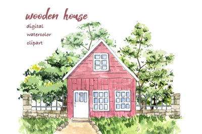 Watercolor country houses clipart. Red wooden house and trees. summer