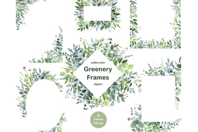Watercolor Greenery Frames. Twigs Leaves Herbs. Borders frame PNG Clip