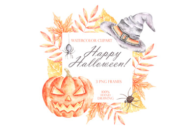 Halloween watercolor clipart. Halloween frames. Fall. Halloween