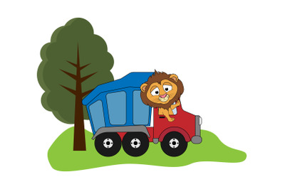 cute lion cartoon drive truck