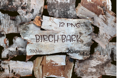 Birch bark. 12 isolated PNG elements