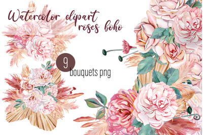 Watercolor rose boho dried flowers clipart