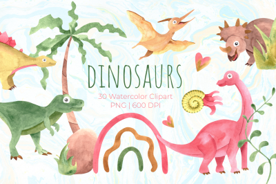 Watercolor cute dinosaurs clipart PNG